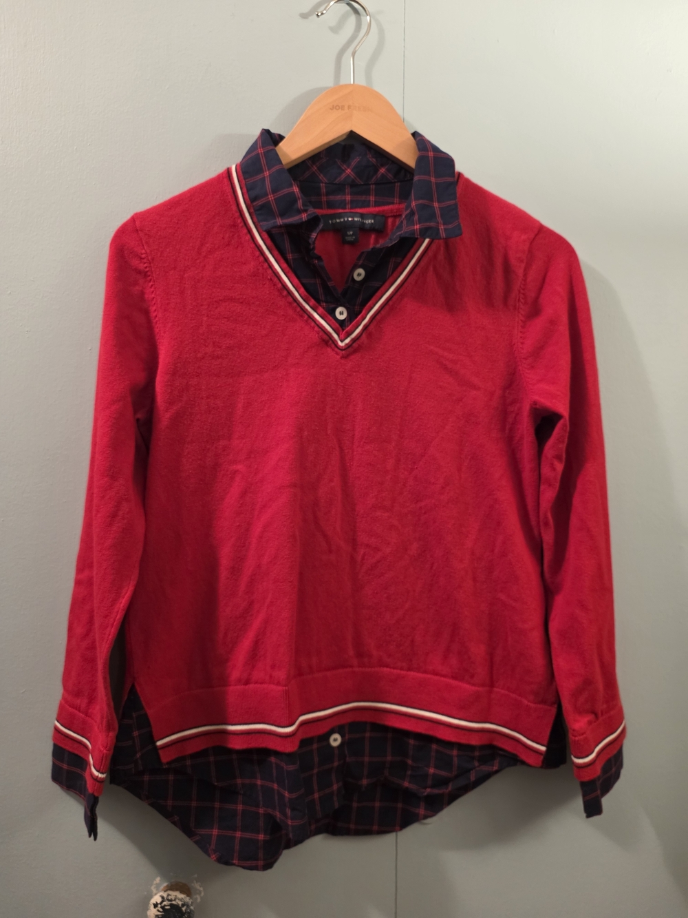 Tommy Hilfiger Red V-Neck Sweater with Navy Plaid Layering